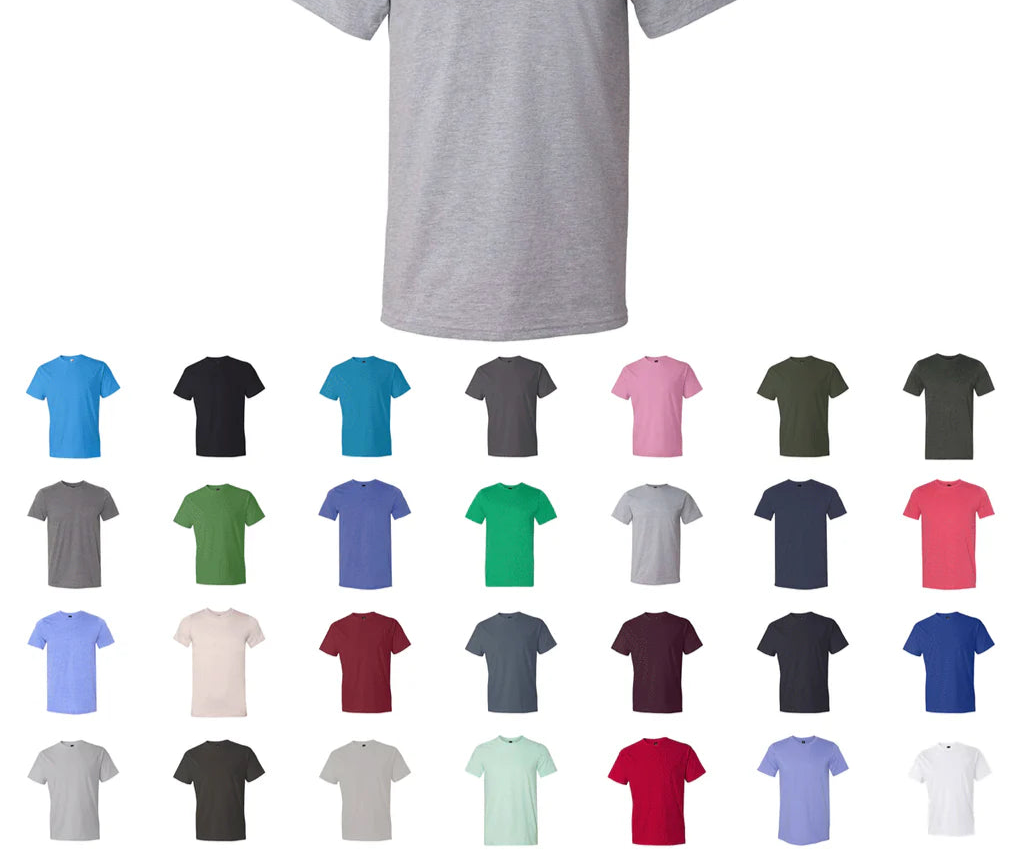 Gray t-shirt with multiple color options displayed below on a white background