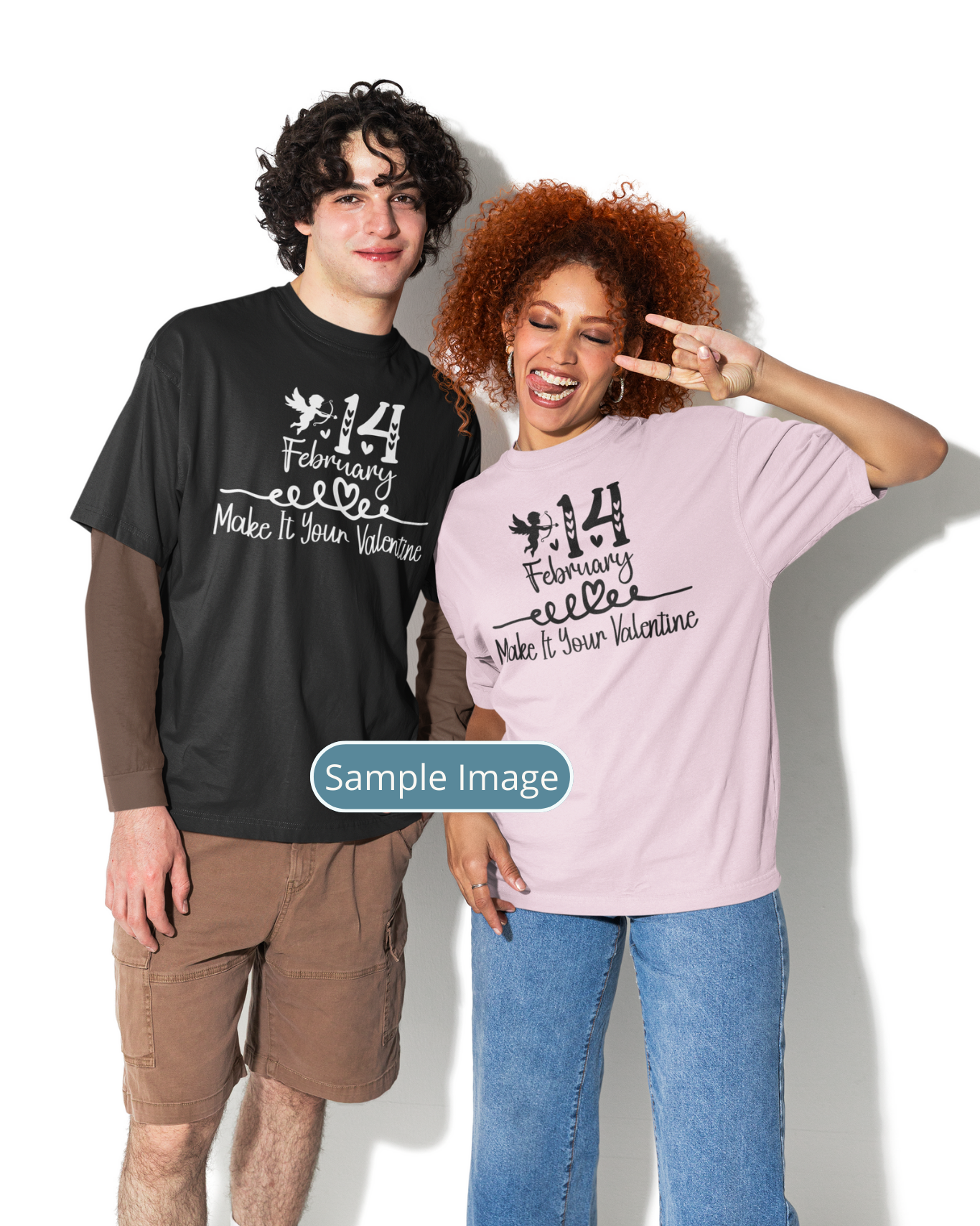 Two people wearing t-shirts with a design on a white background
