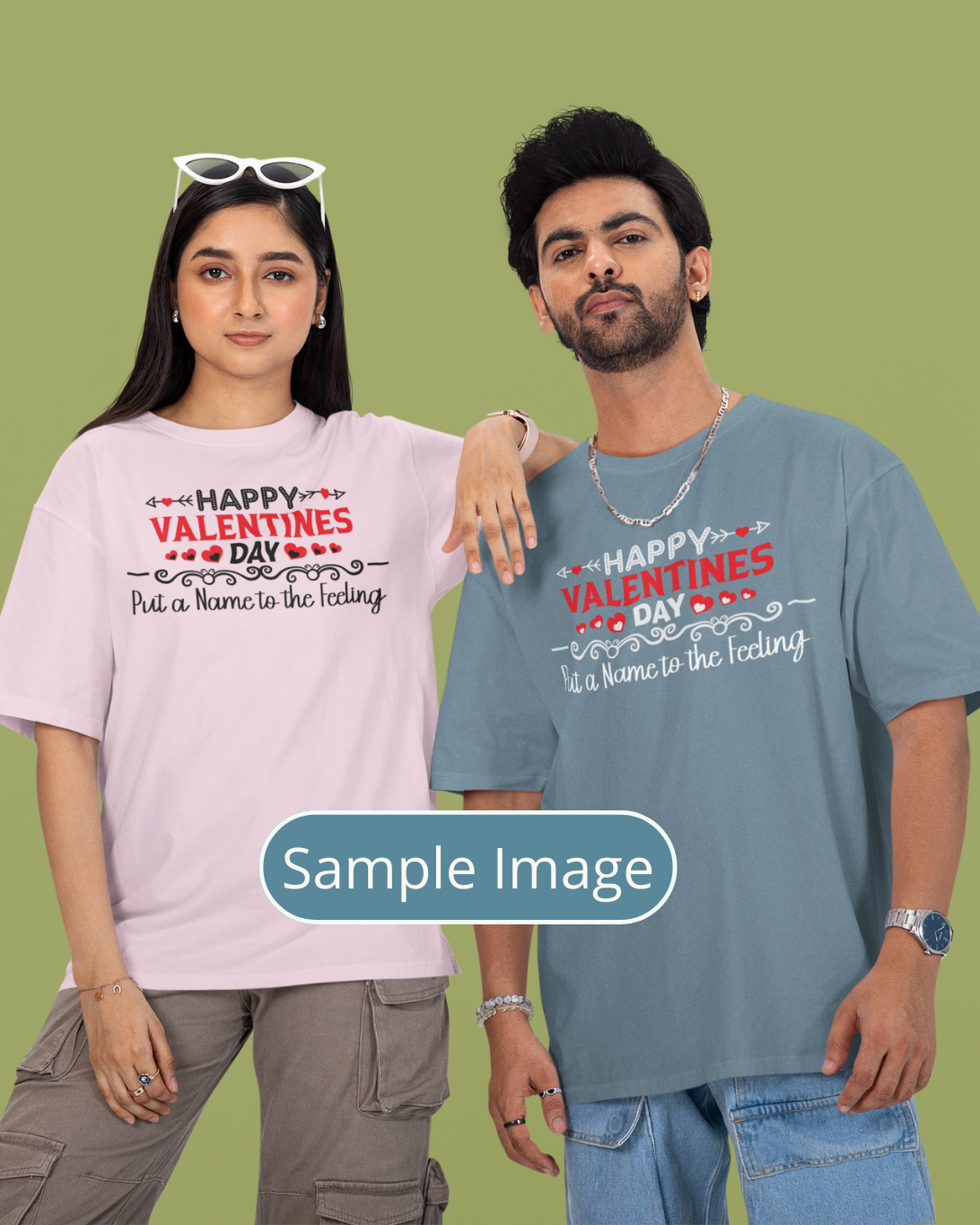 Two people wearing Valentine's Day t-shirts on a green background