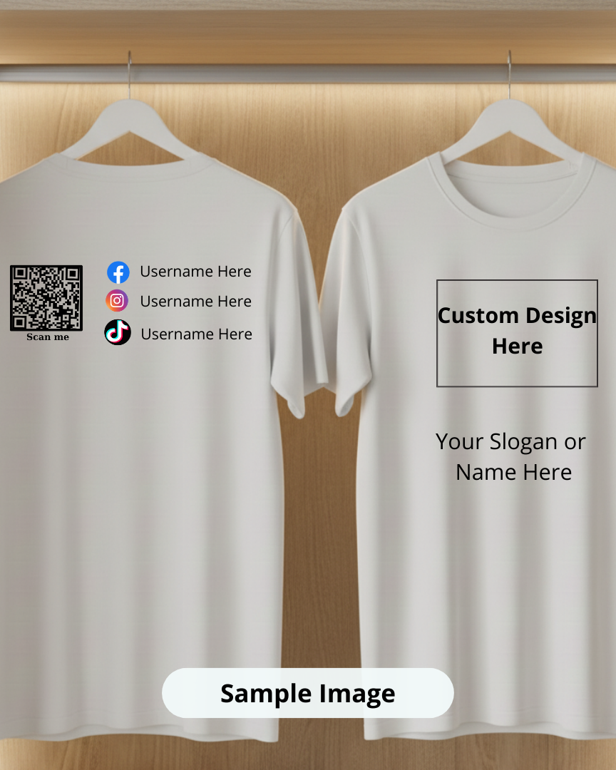Two white t-shirts on hangers with customizable designs and social media icons.