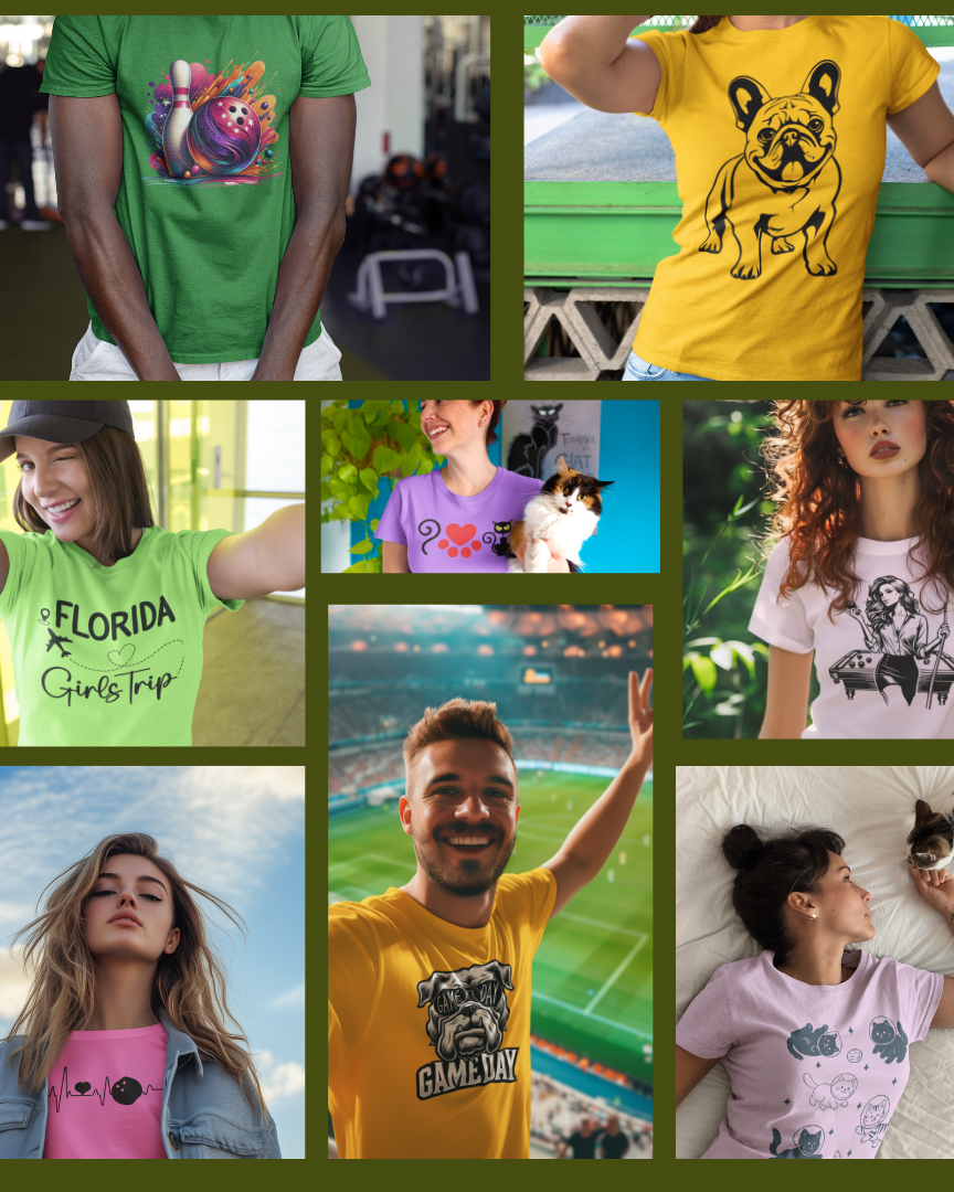 Collage of people wearing various t-shirts with different designs and colors.