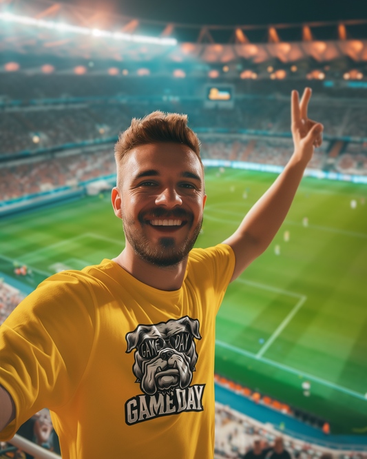 Man in a yellow 'Game Day' t-shirt at a stadium