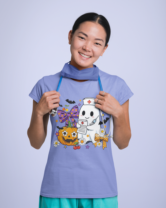 mockup-of-a-happy-nurse-wearing-a-t-shirt-and-a-face-mask with Halloween theme