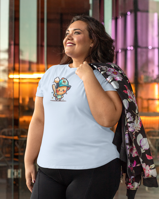 Woman wearing a light blue t-shirt with a graphic design, black leggings, and a floral jacket in an urban setting.
