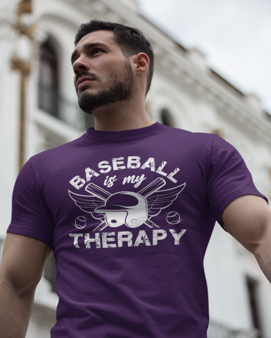 Man wearing a purple t-shirt with 'Baseball is my Therapy' design in an urban setting