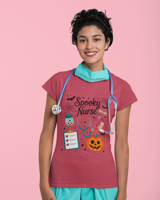 t-shirt-mockup-of-a-female-nurse-in-a-studio-with Halloween design