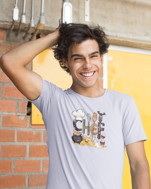 Person wearing a 'Future Chef' t-shirt against a colorful background