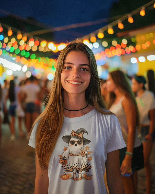Woman wearing a white t-shirt with a graphic design, standing in a festive outdoor setting with blurred lights and people in the background.
